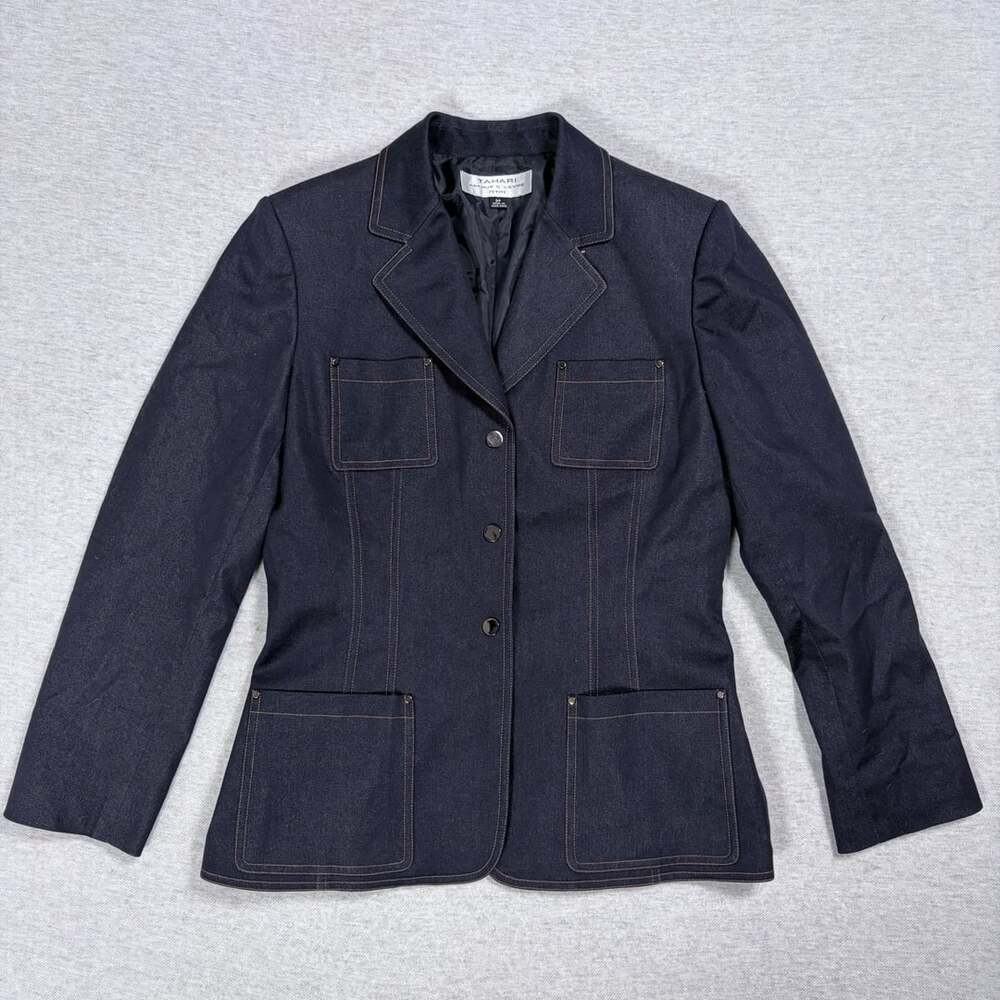 Tahari Arthur S. Levine Petite Denim Blazer Size 8P Dark Wash Cotton Jacket